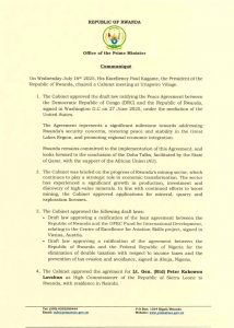 Accord de paix RDC-Rwanda, le gouvernement Rwandais approuve le projet de loi portant sa ratification
