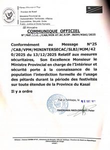 Kasaï: Les feux d&rsquo;artifice interdits pendant les fêtes de fin d&rsquo;année