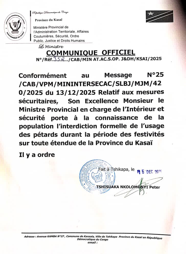 Kasaï: Les feux d&rsquo;artifice interdits pendant les fêtes de fin d&rsquo;année