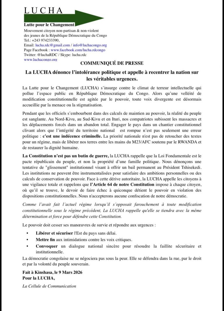 RDC : La LUCHA dénonce une « indécence criminelle » autour du débat sur la révision de la Constitution