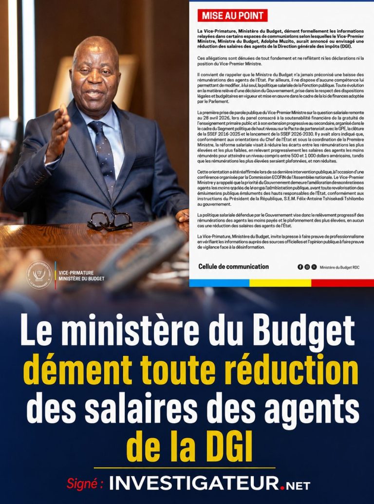 RDC : Le ministère du Budget dément toute réduction des salaires des agents de la DGI